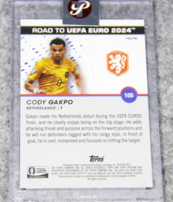 2023 Cody Gakpo #105 Topps Pristine UEFA Road to 2024 Euro Gold Refractor SN#23 - back