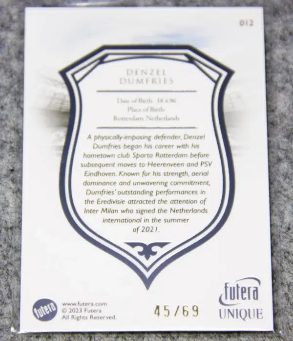 2023 Denzel Dumfries #012 Futera Unique Football Defender Silver SN#45 - back