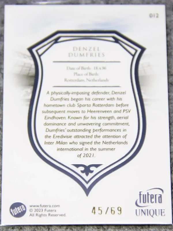 2023 Denzel Dumfries #012 Futera Unique Football Defender Silver SN#45 - back