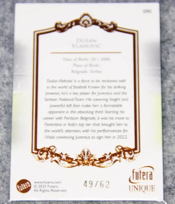 2023 Dušan Vlahović #072 Futera Unique Football Forward Orange SN#49 - back