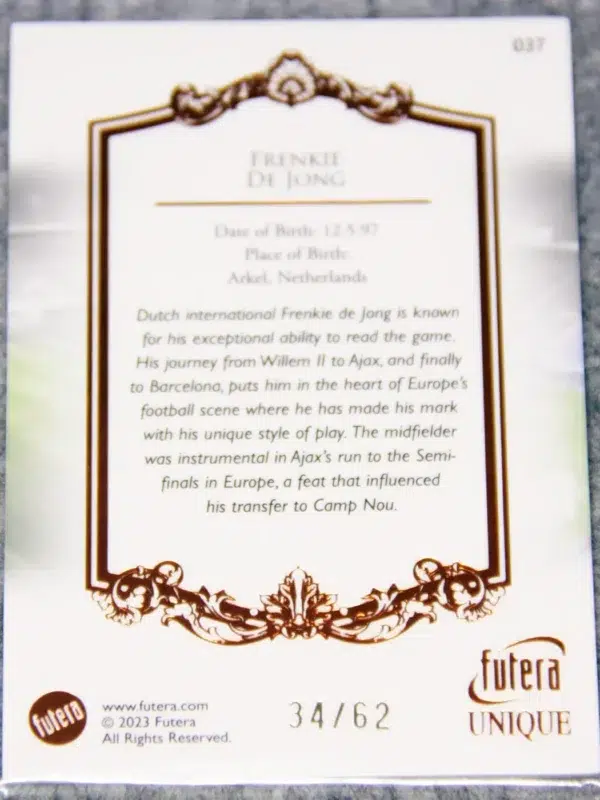 2023 Frenkie de Jong #037 Futera Unique Football Midfielder Orange SN#34 - back