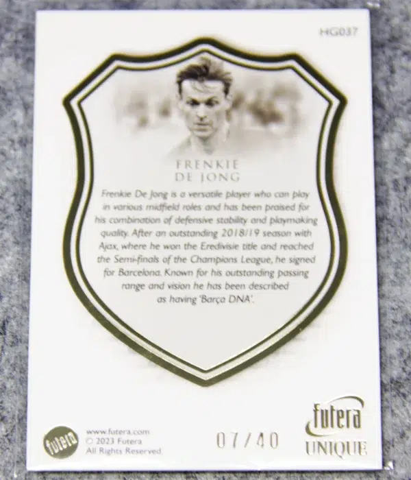 2023 Frenkie de Jong #HG037 Futera Unique Football Heritage Gold SN#7 - back