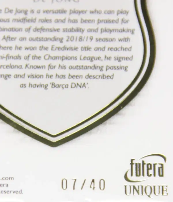 2023 Frenkie de Jong #HG037 Futera Unique Football Heritage Gold SN#7 - detail