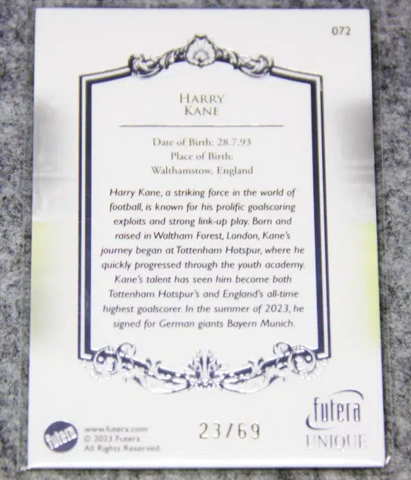 2023 Harry Kane #072 Futera Unique Football Silver SN#23 - back