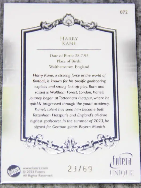 2023 Harry Kane #072 Futera Unique Football Silver SN#23 - back