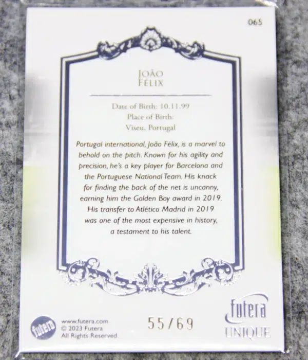 2023 Joao Felix #065 Futera Unique Football Forward Silver SN#55 - back