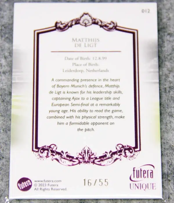 2023 Matthijs de Ligt #012 Futera Unique Football Defender Pink SN#16 - back