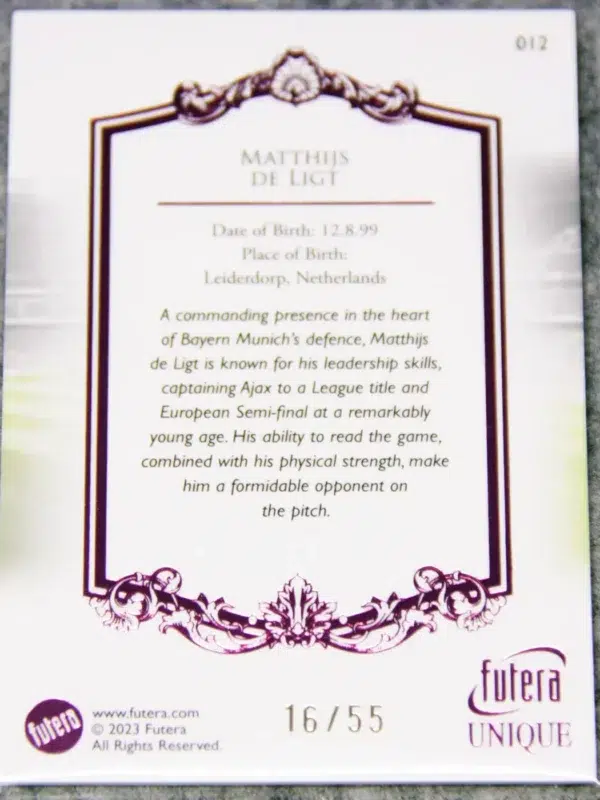 2023 Matthijs de Ligt #012 Futera Unique Football Defender Pink SN#16 - back