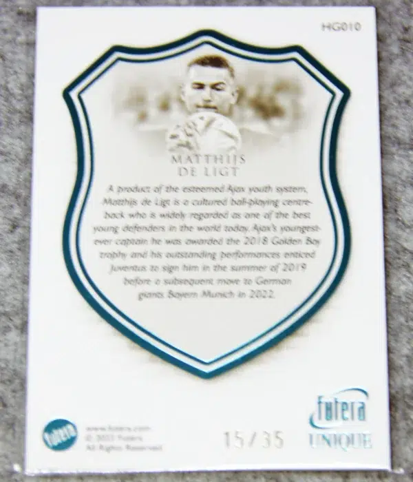 2023 Matthijs de Ligt #HG010 Futera Unique Football Heritage Turquoise SN#15 - back