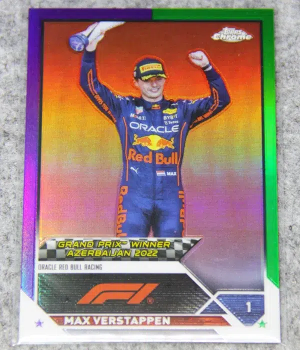 2023 Max Verstappen #151 Topps F1 Grand Prix Winners Purple Green Refractor - front