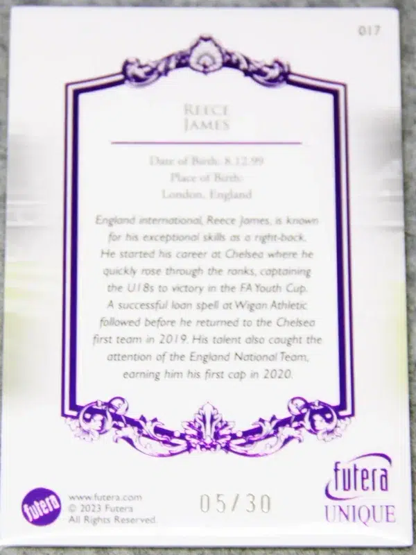 2023 Reece James #017 Futera Unique Football Defender Amethyst SN#5 - back