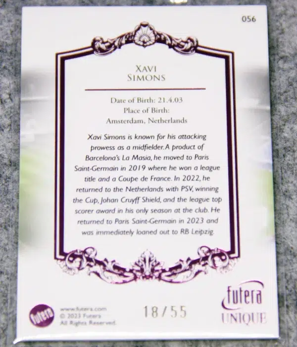 2023 Xavi Simons #056 Futera Unique Football Midfielder Pink SN#18 - back