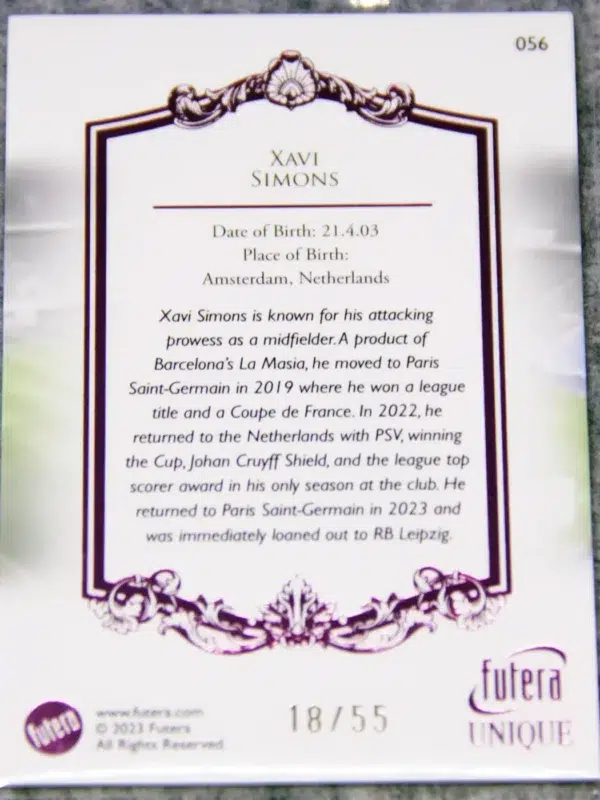 2023 Xavi Simons #056 Futera Unique Football Midfielder Pink SN#18 - back