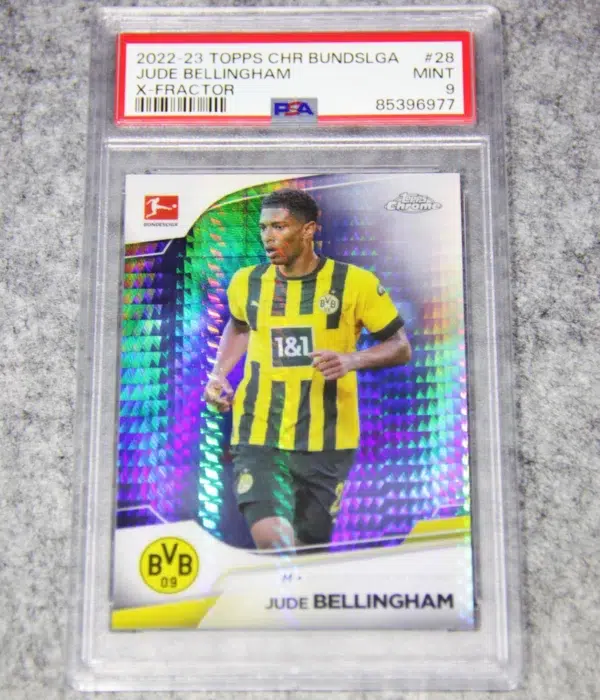 2022-23 Jude Bellingham #28 Topps Chrome Bundesliga X-Fractor SN#75 PSA MINT 9 - front