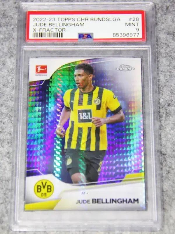 2022-23 Jude Bellingham #28 Topps Chrome Bundesliga X-Fractor SN#75 PSA MINT 9 - front