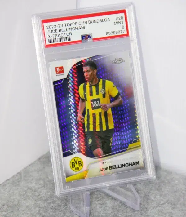 2022-23 Jude Bellingham #28 Topps Chrome Bundesliga X-Fractor SN#75 PSA MINT 9 - stand