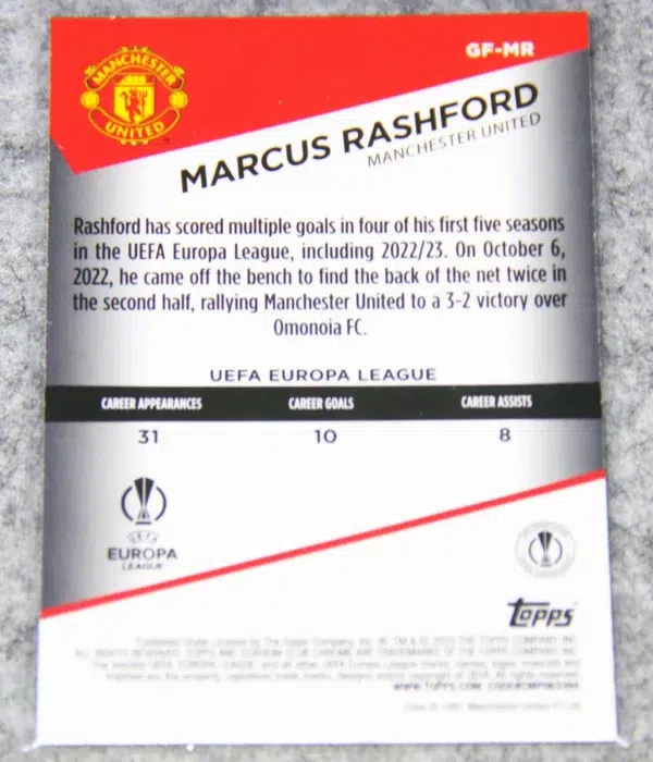 2022-23 Marcus Rashford #GF-MR Topps Stadium Club Chrome UEFA Europa League Goal Force - back