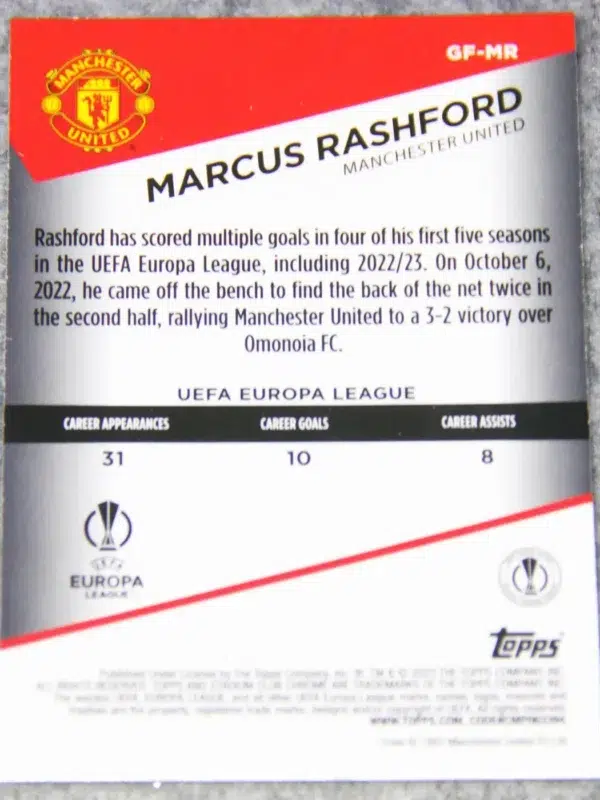 2022-23 Marcus Rashford #GF-MR Topps Stadium Club Chrome UEFA Europa League Goal Force - back