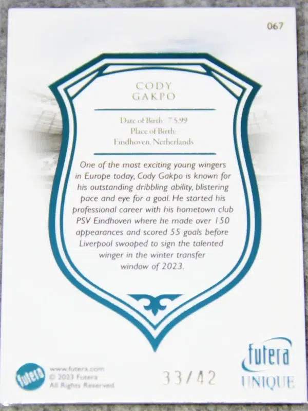 2023 Cody Gakpo #067 Futera Unique Football Forward Turquoise SN#33 - back