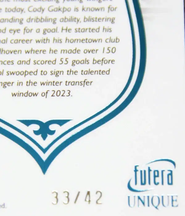 2023 Cody Gakpo #067 Futera Unique Football Forward Turquoise SN#33 - detail