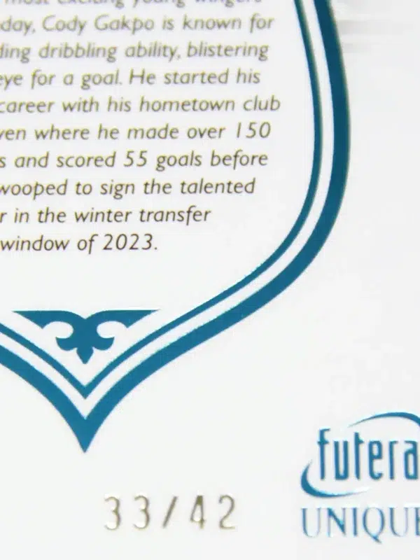 2023 Cody Gakpo #067 Futera Unique Football Forward Turquoise SN#33 - detail