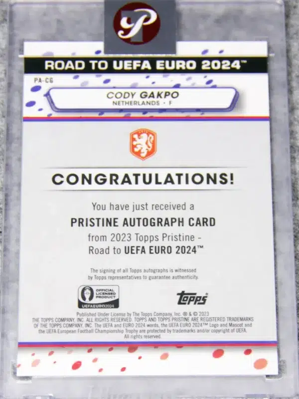 2023 Cody Gakpo #PA-CG Topps Pristine UEFA Road to 2024 Euro Autograph - back