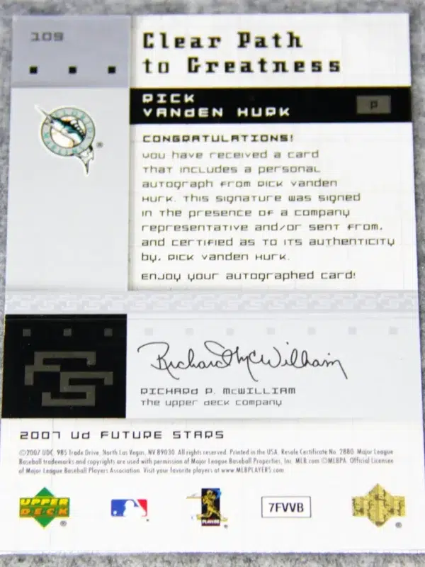 2007 Rick van den Hurk #J09 Upper Deck Future Stars Autograph RC - back