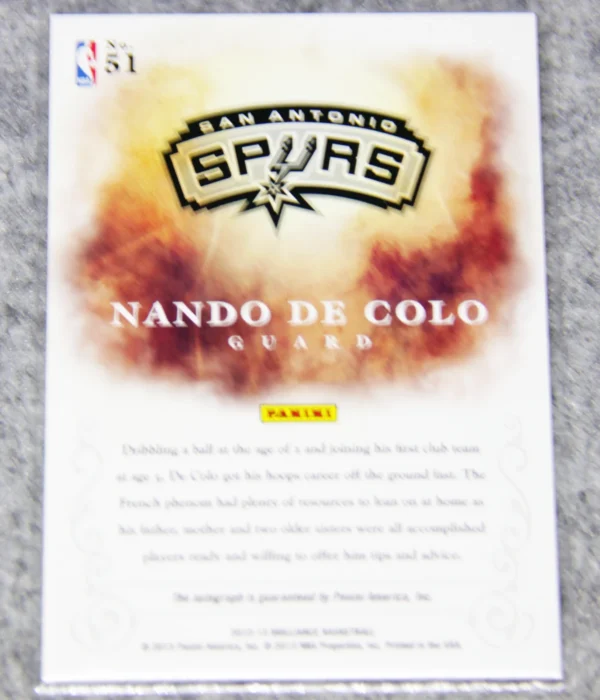 2012-13 Nando de Colo #51 Panini Brilliance Brilliant Beginnings Auto - back