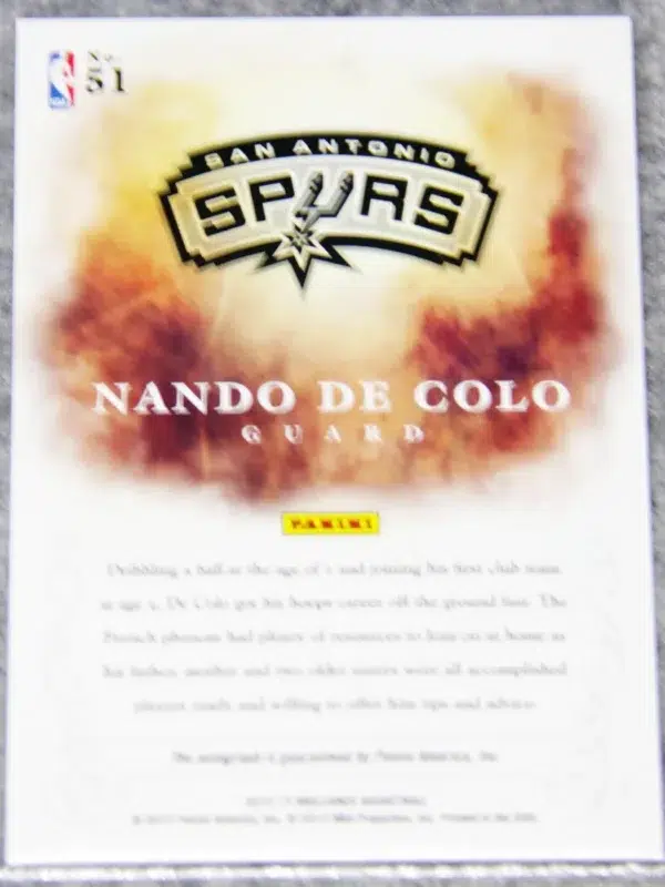 2012-13 Nando de Colo #51 Panini Brilliance Brilliant Beginnings Auto - back