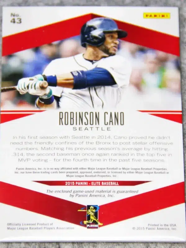 2015 Robinson Cano #43 Panini Elite Members Only Materials Bat Relic - back