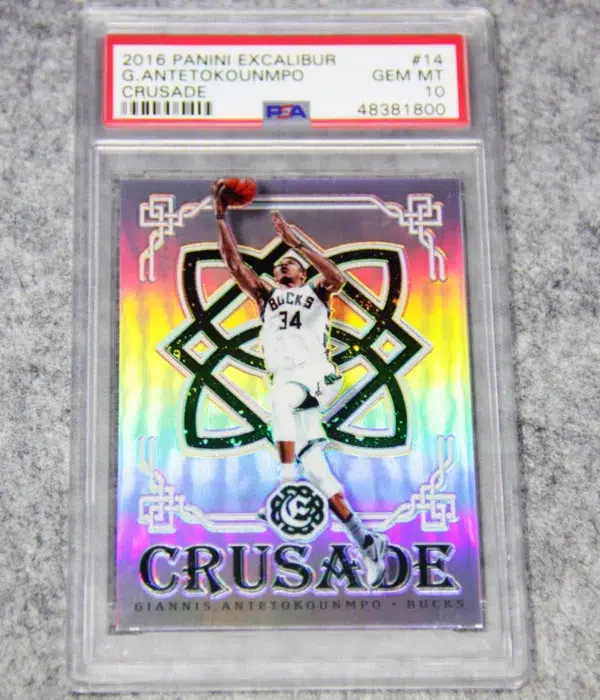 2016-17 Giannis Antetokounmpo #14 Panini Excalibur Crusade Holo Prizm PSA 10 GEM MT - front