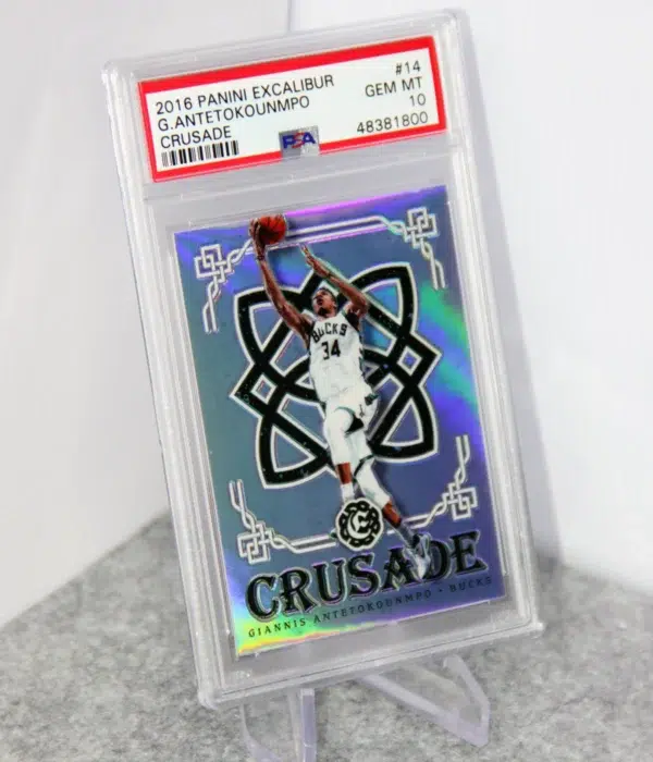 2016-17 Giannis Antetokounmpo #14 Panini Excalibur Crusade Holo Prizm PSA 10 GEM MT - stand