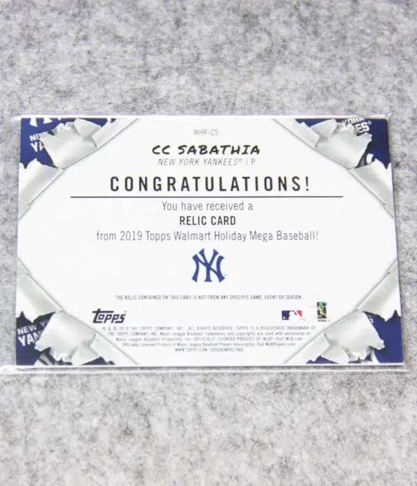 2019 CC Sabathia #WHR-CS Topps WalMart Holiday Mega Baseball Relic - back