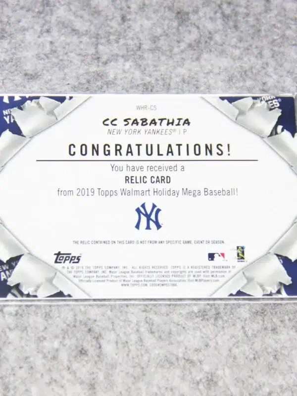 2019 CC Sabathia #WHR-CS Topps WalMart Holiday Mega Baseball Relic - back