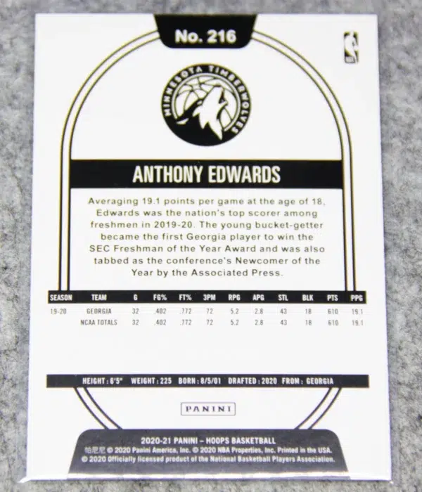 2020-21 Anthony Edwards #216 Panini NBA Hoops RC - back