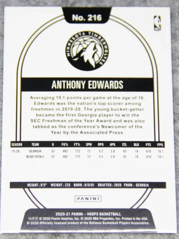 2020-21 Anthony Edwards #216 Panini NBA Hoops RC - back