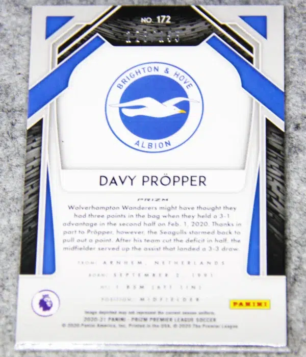 2020-21 Davy Propper #172 Panini Prizm Premier League Red Mojo Prizm SN#128 - back