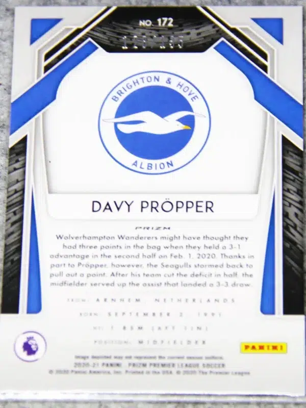 2020-21 Davy Propper #172 Panini Prizm Premier League Red Mojo Prizm SN#128 - back