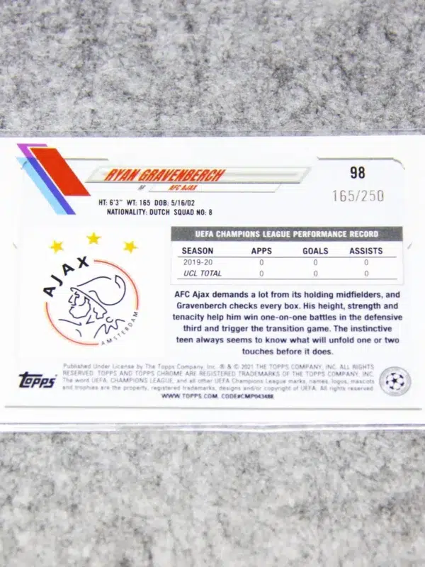 2020-21 Ryan Gravenberch #98 Topps Chrome UEFA Champions League Purple Mini-Diamond Refractor RC SN#165 - back