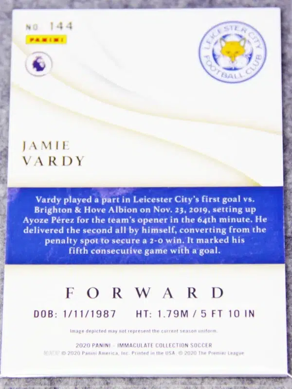 2020 Jamie Vardy #144 Panini Immaculate Collection SN#91 - back