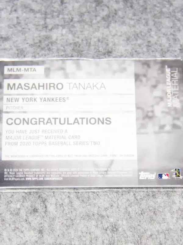 2020 Masahiro Tanaka #MLM-MTA Topps Series 2 Major League Material Patch SN#32 - back