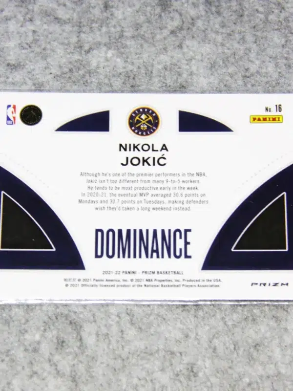 2021-22 Nikola Jokic #16 Panini Prizm Dominance Green Prizm - back