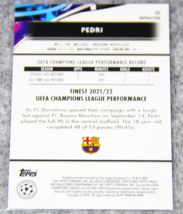 2021-22 Pedri #35 Topps Finest UEFA Champions League Refractor - back