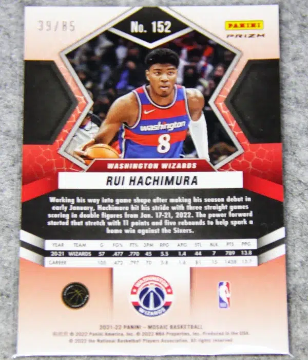 2021-22 Rui Hachimura #152 Panini Mosaic Fast Break Blue Disco Prizm SN#39 - back
