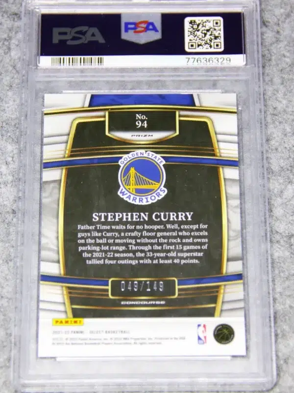 2021-22 Stephen Curry #94 Panini Select White Prizm PSA 9 MINT SN#49 - back