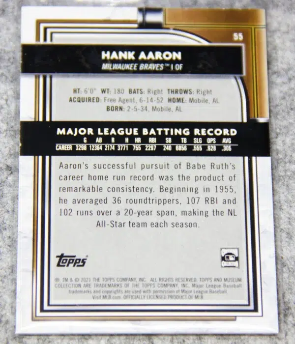 2021 Hank Aaron #55 Topps Museum Collection Blue Parallel SN#133 - back