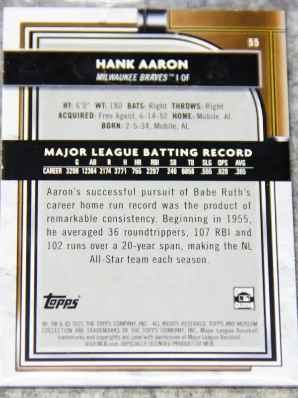 2021 Hank Aaron #55 Topps Museum Collection Blue Parallel SN#133 - back