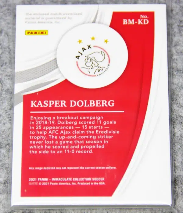 2021 Kasper Dolberg #BM-KD Panini Immaculate Boots Game Used Soccer Shoe Swatch SN#43 - back