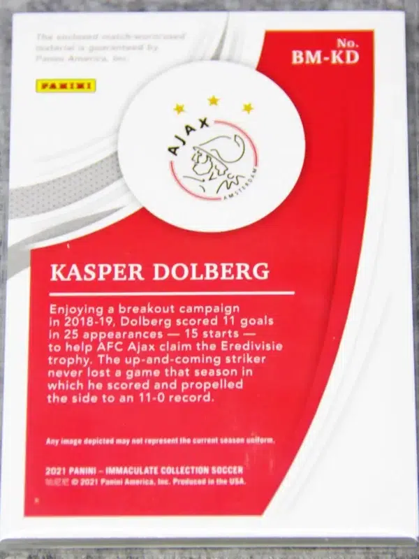 2021 Kasper Dolberg #BM-KD Panini Immaculate Boots Game Used Soccer Shoe Swatch SN#43 - back