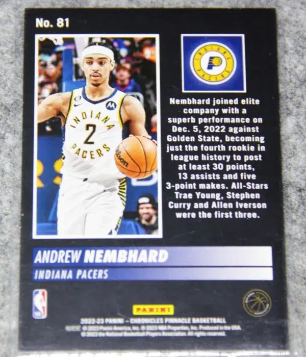 2022-23 Andrew Nembhard #81 Panini Chronicles Pinnacle RC - back